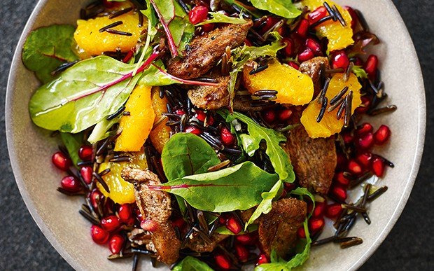 Recipe: Wok-fried five-spiced duck breast with orange and pomegranate wild rice salad